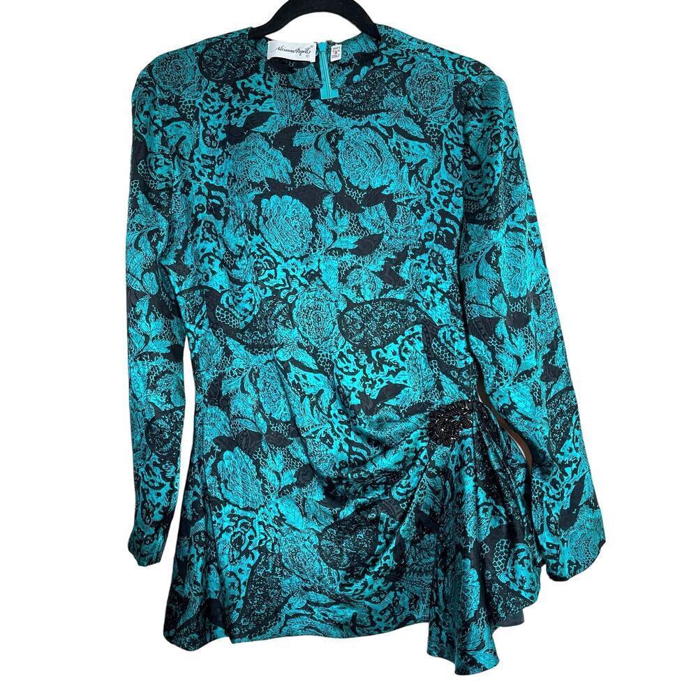 Vintage Adrianna Papell 100% Silk Blouse Side Gathered Long Sleeve Top Women's 8